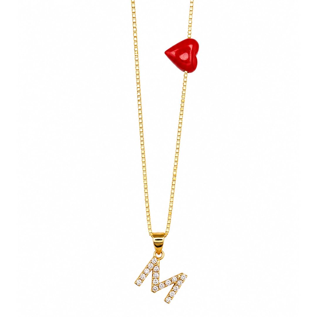 Collana Lettera del Cuore con Iniziale Zirconata e Cuore in Corallo Rosso naturale del Mediterraneo gioiello elegante minimal da donna ragazza