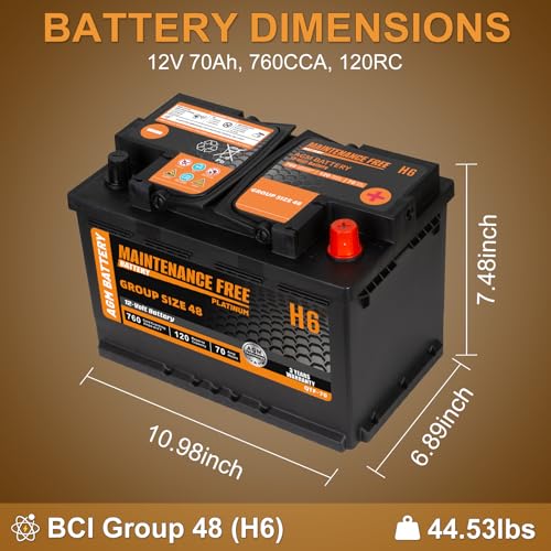 Image of Autocessking Group Size 48 Start and Stop AGM Automotive Battery, H6 Rechargeable Car Battery 12V 70Ah, 760 CCA, 120 RC