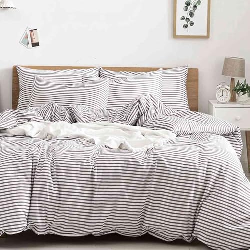 Nanko Striped Queen Size Duvet Cover Set, White and Grey
