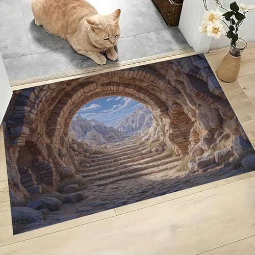 Tapis illusion d'optique 3D beige 50x80 cm au design arche rocheuse