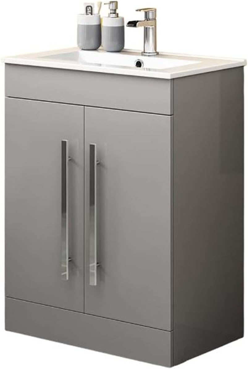 – iBathUK Avon Vanity Unit with Basin, Slim Edge Ceramic Wash Basin for Bathroom Furniture, Storage Cabinet with 2 Doors- Gloss Light Grey (Flat Pack)