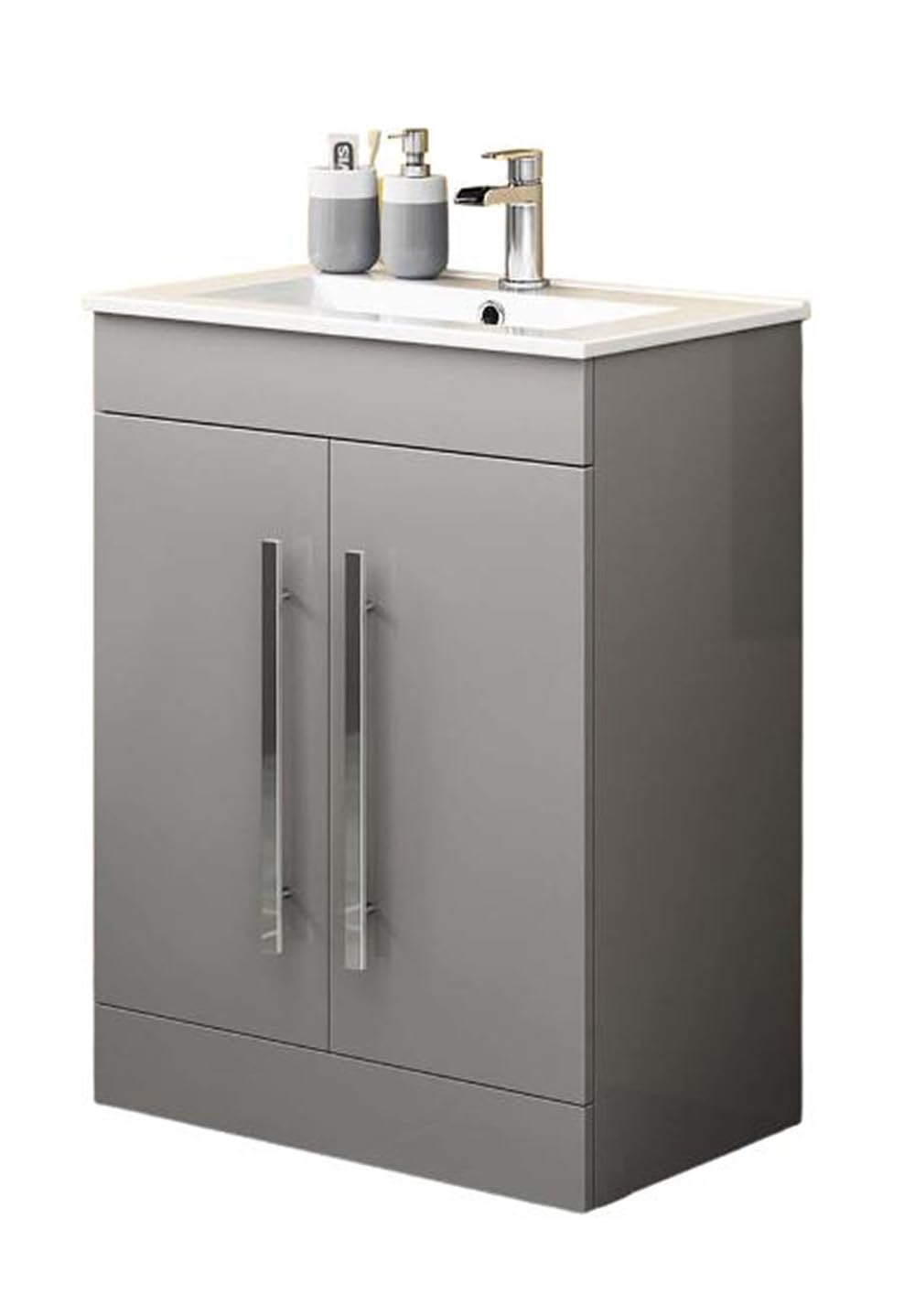 iBathUK Avon Vanity Unit with Basin, Slim Edge Ceramic Wash Basin for Bathroom Furniture, Storage Cabinet with 2 Doors- Gloss Light Grey (Flat Pack)