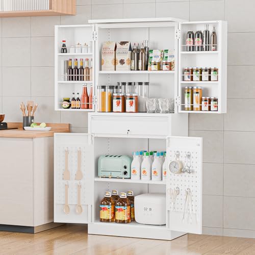 VINGLI 71'' Metal Kitchen Pantry Storage Cabinet with Drawer & 4 Doors, Cupboard with Adjustable Shelves for Kitchen Dining Living Room, Tall Freestanding Steel Locking Cabinet for Craft Room (White)