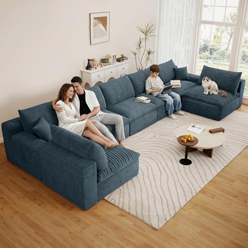 Image of 165 inch Cloud Couch Modular Sectional Sofa for Living Room, U-Shape Boneless Couch with Deep Seat, Modern Corduroy 7-Seater, No Assembly Required,Blue