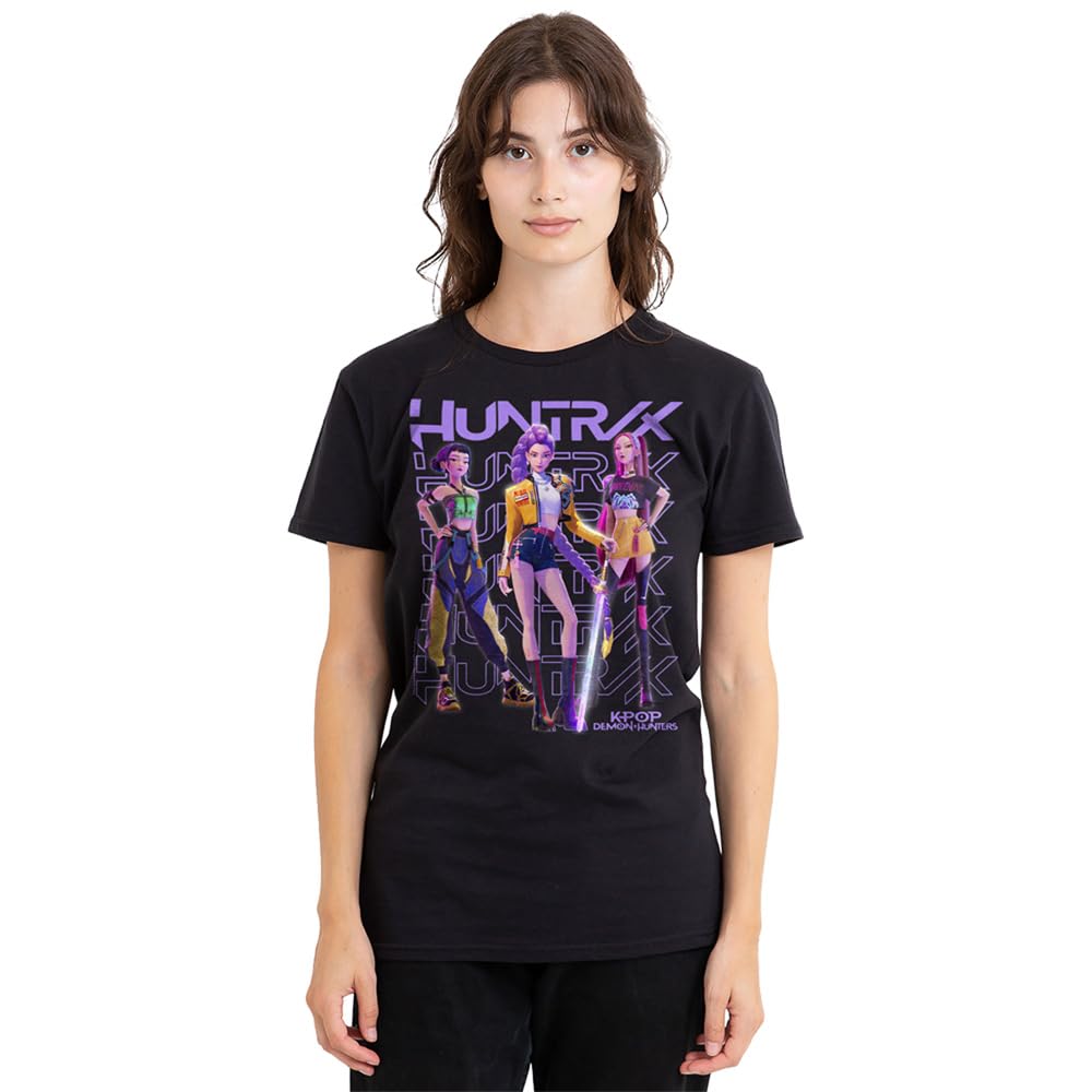 K-Pop Demon Hunters Womens Huntrix Golden Trio Pose Ladies T-Shirt, Black, S UK