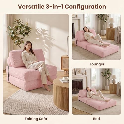 Image of COSTWAY Folding Sofa Bed with Pillow, Convertible Couch (Pink) | with Backrest & Fixing Straps, Boneless Convertible Sleeper Chair for Adults, Guest Use, Living Room