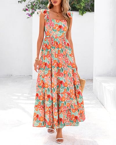 dowerme Summer Dresses for Women 2026 Casual Ruffle Smocked Tiered A-Line Boho Floral Maxi Beach Sun Dress with Pockets(Light Apricot Orange Flower,XX-Large) — view 3