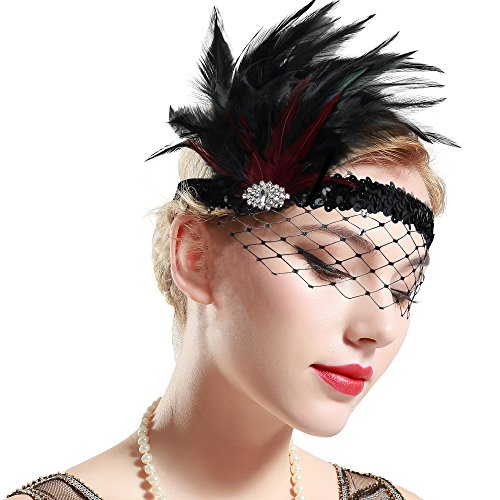 BABEYOND 1920s Flapper Headband Roaring 20s Feather Headpiece Crystal Great Gatsby Headband with Net 1920s Flapper Accessories