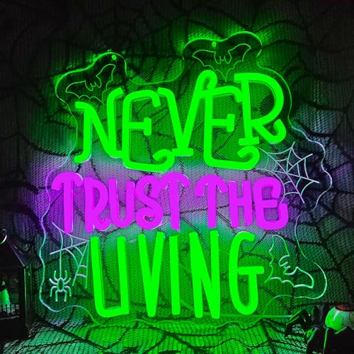 Ajoyferris Never Trust The Living Neon Sign Halloween Neon Signs for Wall Decor Dimmable Tombstone Led Sign Gothic Haunted House Neon Lights for Windows Halloween Party Decor