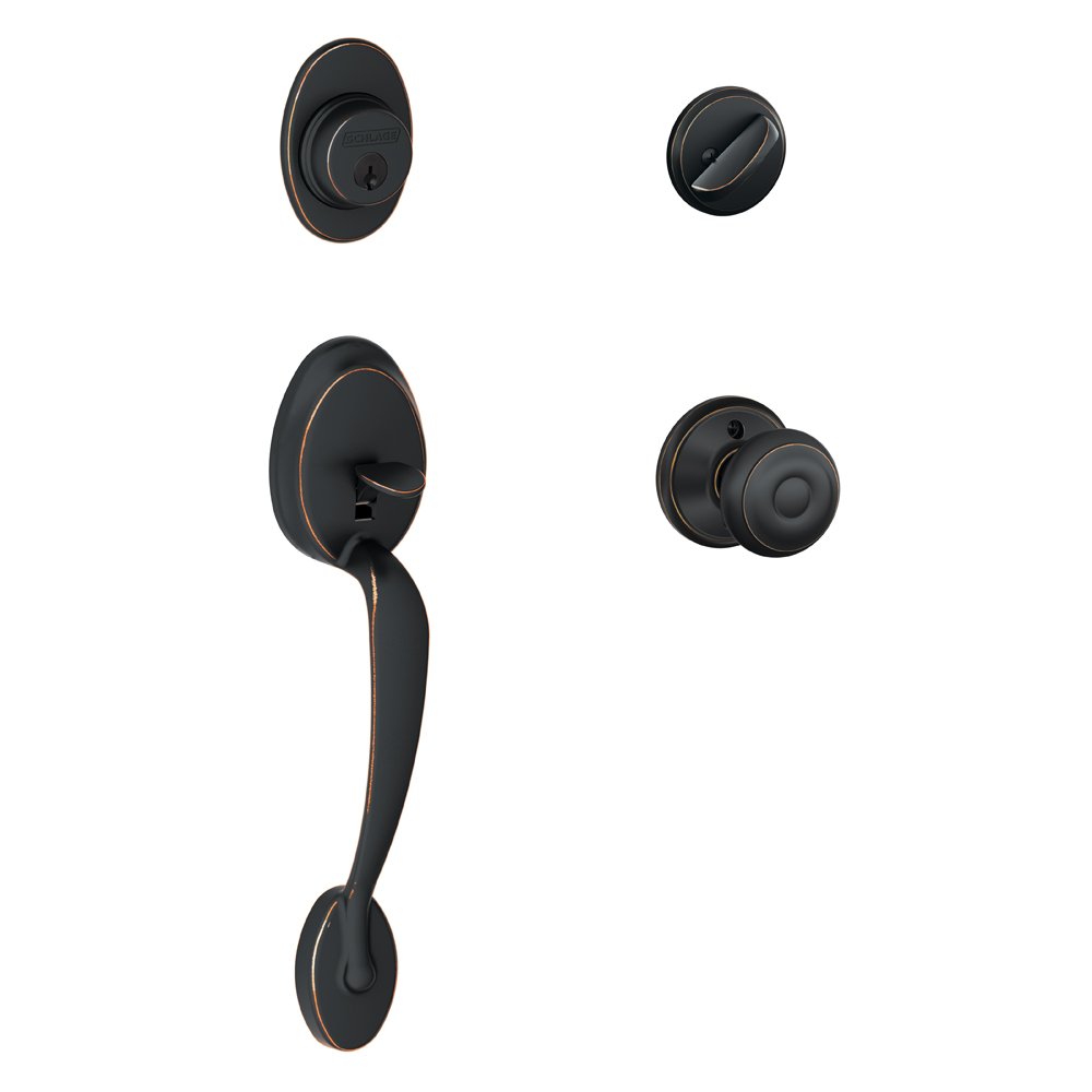 SCHLAGE Plymouth Tek Silindirli Tutma Kolu ve Gürcü Topuzu, Eskitme Bronz (F60 PLY 716 GEO)