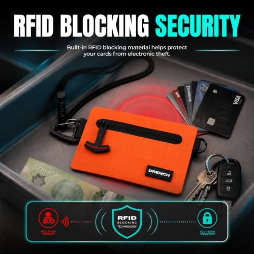 Image of Drench RFID Waterproof Floating Wallet IPX8 Dry Bag for Cards & Cash,Orange | IPX8 waterproof RFID wallet for cards, cash & keys with floating design, adjustable lanyard, belt loop & carabiner