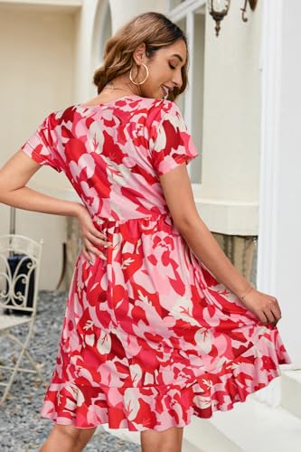 Image of ULTRANICE Womens Summer Dresses Floral V Neck Ruffled Hem Spaghetti Spring Casual Beach Outfits Flowy Wrap Sun Dress