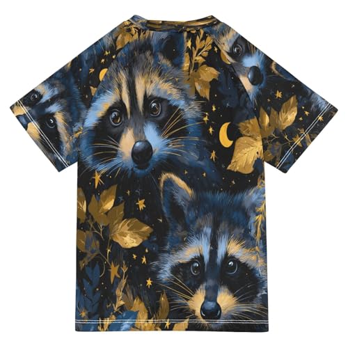 Boys Short Sleeve T-Shirts Raccoon Leaves Animal Rashguard Kids Swim Shirts Sun UPF 50+2