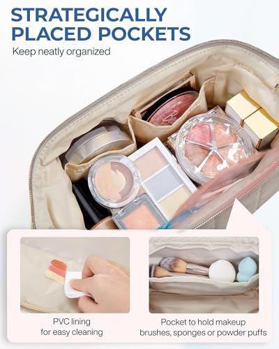 Image of BAGSMART Makeup Bag Travel Toiletry Bag, Puffy Padded Make Up Bags for Women Makeup Organizer Case, Wide-open Pouch Purse Travel Essentials Toiletries Accessories Brushes, Camel