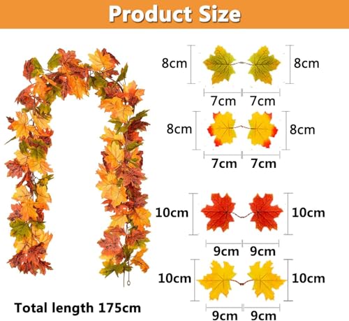 Herbst Girlande Ahornblätter, Herbstblätter Girlande Herbstgirlande für Drinnen und Draußen, Hochzeit, Erntedankfest, Abendessen, Party, Kamin, Weihnachtsdekoration(175cm) – Bild 2