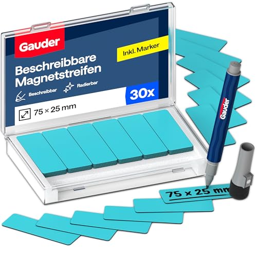 GAUDER Magnetetiketten beschreibbar - Wiederverwendbare Magnetschilder zum Beschriften für Whiteboard, Tafel, Kanban-Board und Kühlschrank - Magnetkarten mit Marker (30 Stück - 75 x 25 mm) GAUDER Magnetetiketten beschreibbar - Wiederverwendbare Magnetschilder zum Beschriften für Whiteboard, Tafel, Kanban-Board und Kühlschrank - Magnetkarten mit Marker (30 Stück - 75 x 25 mm)