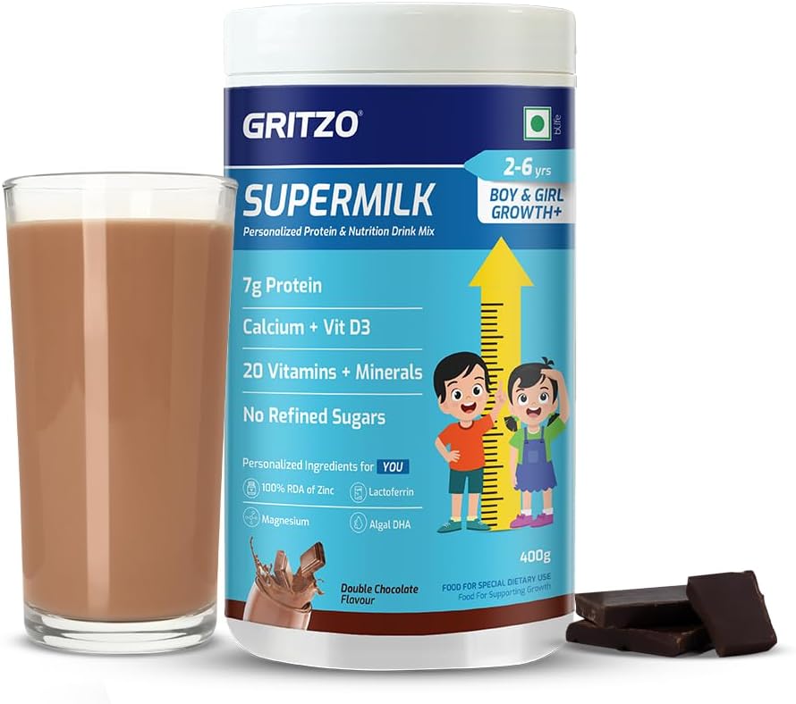 SuperMilk Height+ (4-7 Years) - Double Chocolate, 400g | 7g Protein, Zero Refined sugar, 21 Vitamins & Minerals