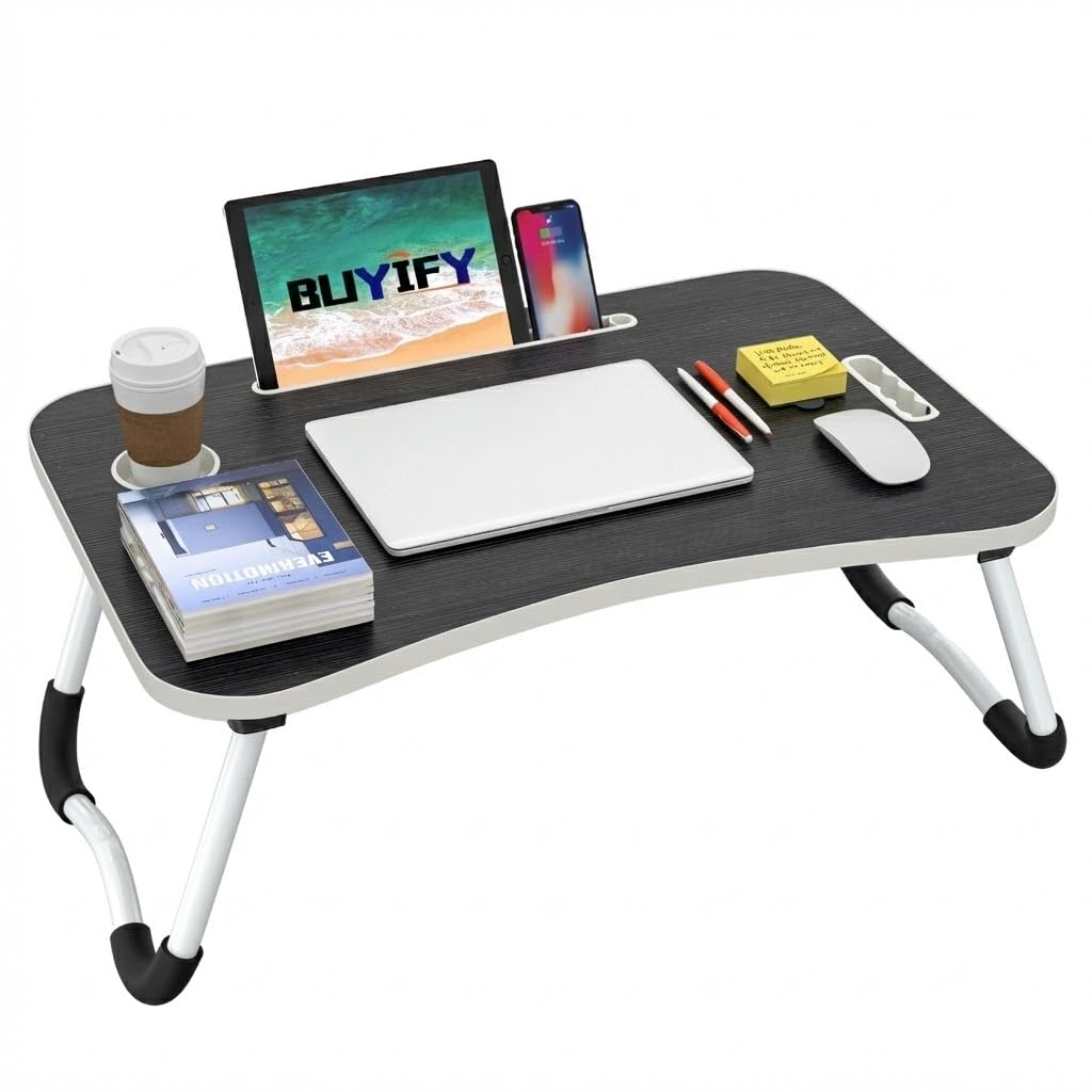 BUYIFY Folding Lap Desk, 23 Inch Portable Wood Black Laptop Bed Desk Lap Desk with Cup Holder, for Working Reading Writing, Eating, Watching Movies for Bed Sofa Couch Floor