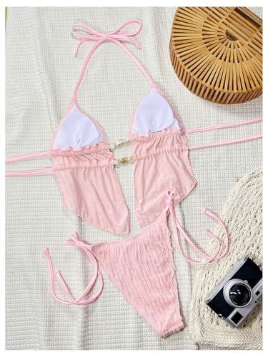 Image of RoseSeek Women's 2 Piece Boho Polka Dots Beaded Bikini Sets Sexy Swimsuits | Halter Swimsuits, Backless, Textured, Tie Side, Tankini Set, Bathing Suits, Summer, Vacation