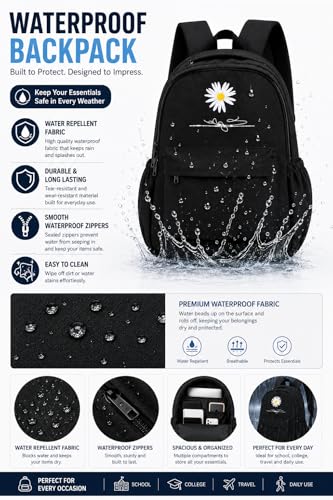 Image of Daisy Flower Printed Backpack for Girls & Women | Water Resistant School College Bag | Lightweight Casual Travel Backpack with Multiple Compartments | Black