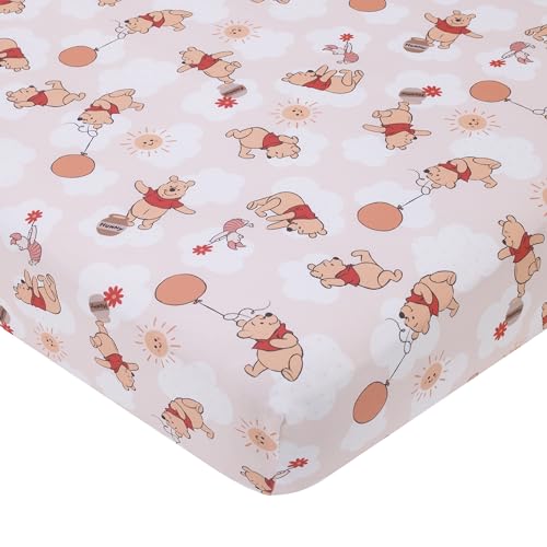 Image of NoJo Disney Winnie The Pooh Tan, Red, and White Piglet, Balloons, and Hunny Pots Super Soft Nursery Fitted Crib Sheet