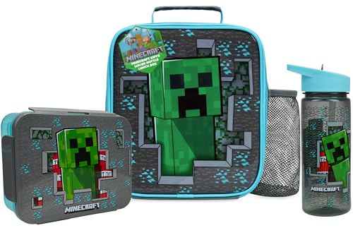 Get Trend Minecraft Borraccia, Borsa Porta Pranzo e Porta Merenda Bambini, 3Pz Set, Materiale Scolastico, Portamerenda BPA Gratuito, A Prova di Perdite (Multi Minecraft)