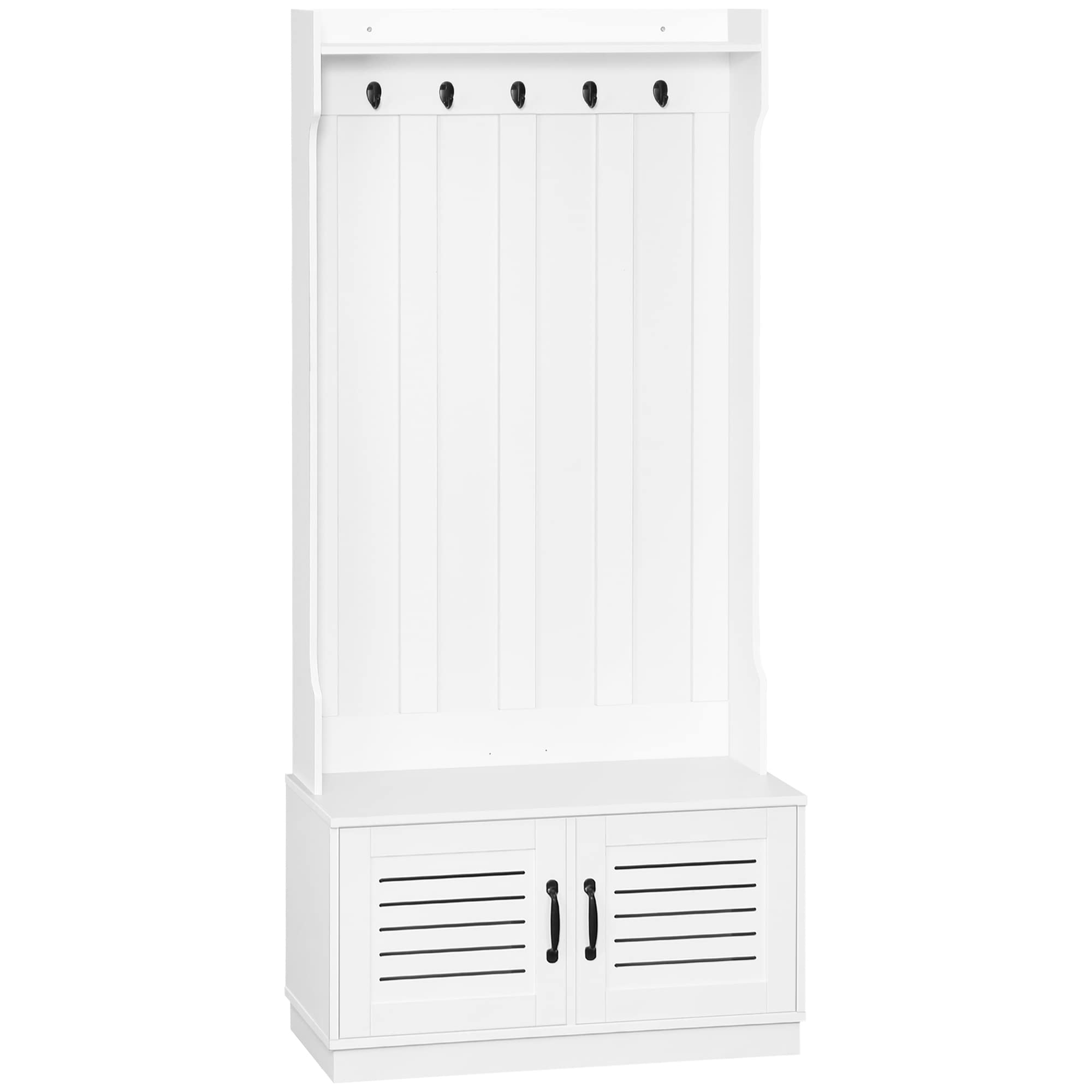 HOMCOMModern Hall Tree, Entryway Coat Rack with Shoe Bench, 5 Hooks, Storage Shelf and Slatted Door Cabinet for Hallway, White