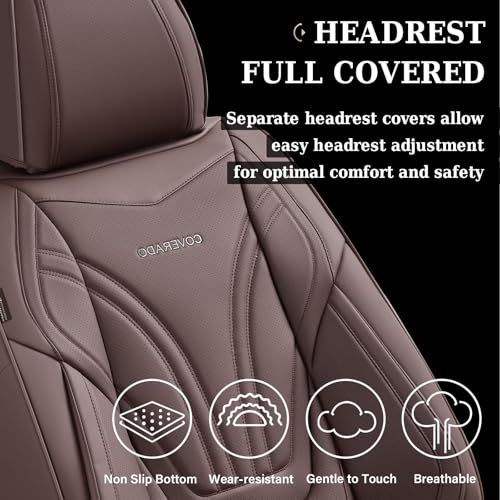 Image of Coverado Car Seat Covers Full Set, 5 Piece Car Seat Protector with Lumbar Support & Removable Headrest, Breathable Leather Front Rear Seat Cushion Universal Fit for Truck Automotive Brown