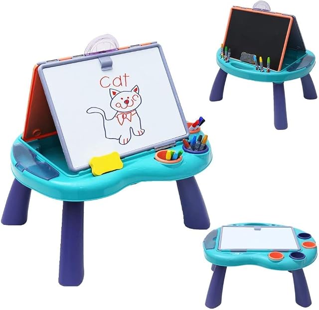 Foldable Kids Tabletop Easel Portable 4 in 1 Double-Sided Art Easel Chalkboard & Magnetic Whiteboard Art Easel Draw and Doodle Playset with Removable Panel Watercolor Pen Eraser Chalk for Boys Girls