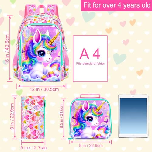 Image of AGSDON 3PCS Unicorn Backpack for Girls, 16 inch Kids Backpacks for Girl Water Resistant Preschool, Elementary Bookbag with Lunch Box