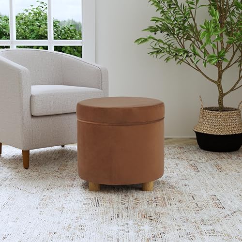 Image of HomePop Home Decor | Upholstered Round Storage Ottoman | Ottoman with Storage for Living Room & Bedroom, Spice Orange Velvet Large