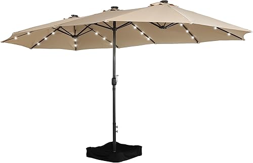 CASAINC Paraguas de patio de 15 pies con base de doble cara, sombrilla rectangular doble con manivela, luces LED solares, para jardín, terraza,