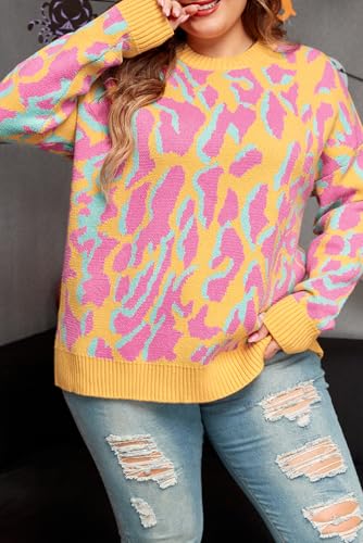 Plus Size Bright Pink Leopard Ribbed Trim Long Sleeve Sweater 7