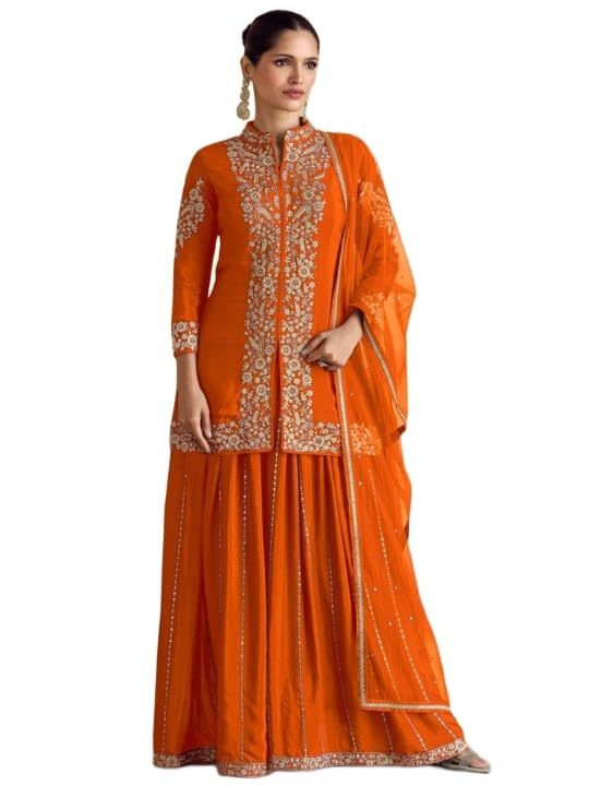 Miss Ethnik Women’s Purple Chinon Stitched Top With Bottom and Dupatta 3/4 Sleeve Embroidered Kurta Palazzo Set (ME-1245)