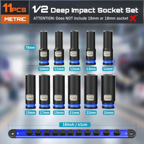 Image of SEESII 1 /2 inch Impact Socket Set Deep with Magnetic Rail, 11pc Metric 10-24mm, 6-Point, Lug Nut Removal, Heavy Duty Automotive Set for Trucks SUVs Import Vehicles