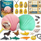 PIBEX Under-The-Sea Dig Kit – Dig & Discover 18 Real Shell Fossils, Amber Jewelry & Sea Animal Creatures – Ocean Necklace Making & STEM Excavation Activity Toy for Kids Ages 6+