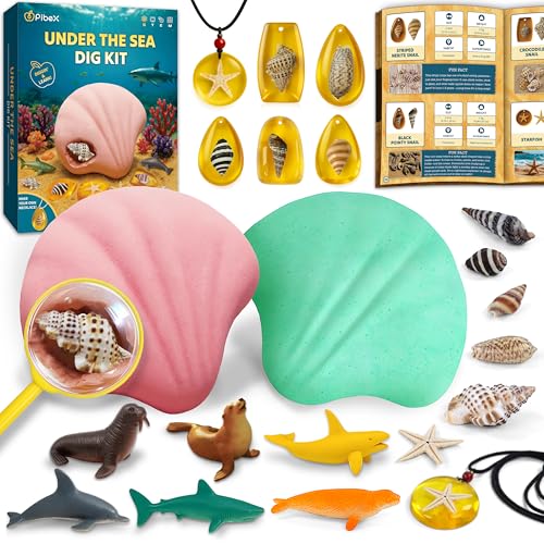 PIBEX Under-The-Sea Dig Kit – Graben und entdecken Sie 18 echte Muschelfossilien, Bernsteinschmuck und Meerestierkreaturen, Ozean-Halskette und STEM-Ausgrabungsaktivitätsspielzeug für Kinder ab 6