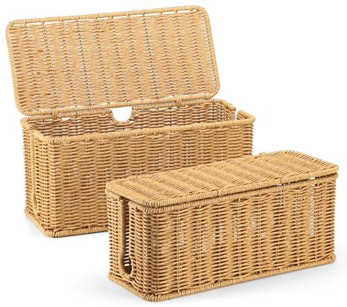 Image of 2Pack Large Cable Management Box, Handwoven Imitation Rattan Cord Organizer | Handwoven imitation rattan cord hider box conceals power strips and cables for a clean desk or floor setup