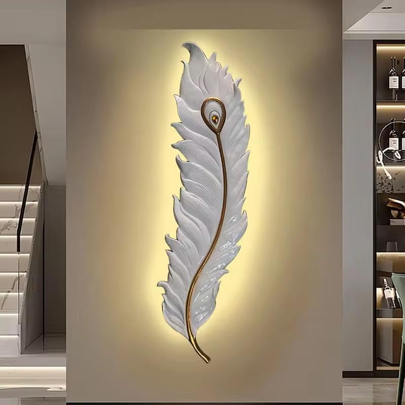 Image of Designer Krishna Peacock 650mm Feather 3-Color LED Wall Sconce|Decorative Mor Pankh Wall Light for Living Room, Bedroom, Hallway & Home Decor|White