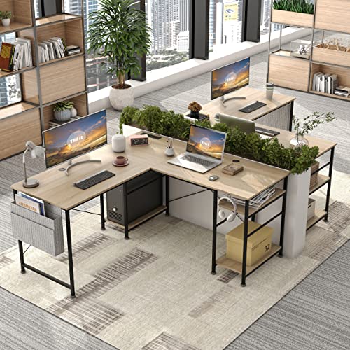 Tbfit L Shaped Desk With Storage Shelves,95.2 Inch Reversible Coner, Office Desk For Small Space,Large Computer Gaming Desk Workstation With Power Outlet,2 Person Long Writing Study Table(Oak) #TOP1