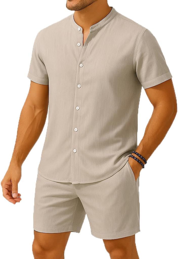 Casual Stand Collar Button Shirt and Shorts Set Hawaiian Beach Vacation Party Outfit Texture Linen Sets for Men