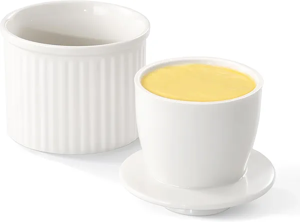 Large Butter Crock for Counter with Water Line, Butter Keeper, Ceramic French Butter Dish Holder for Fresh Spreadable Soft Butter (White, 8 Ounce)