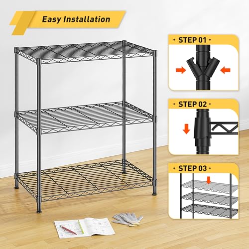 Image of 3 Tier Storage Shelves Metal Shelving Unit,Adjustable Wire Rack Pantry Kitchen Shelves,Small Shelf Wire Shelving for Laundry Office Bedroom Dorm Bathroom Closet 24 inch W x 30 inch H x 14 inch D Black Shelves