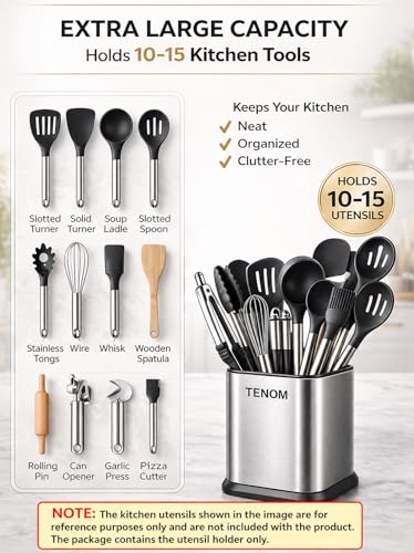 Image of TENOM Spoon Holder, Spoon Stand For Kitchen Steel, Cutlery Stand, Spoon Organiser For Kitchen, Ladle Holder, Spatula Holder, 12 cm, 11 cm , 12 x 11 x 17.7 Centimeters