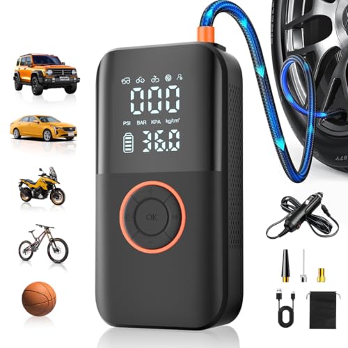 Tire Inflator Portable Air Compressor, 150PSI Cordless Tire Pump, 12V DC & Battery Dual Power, Air Pump for Car Tires, Motorcycle, Bike, Ball, with LED Light, Valentine Gifts for Men