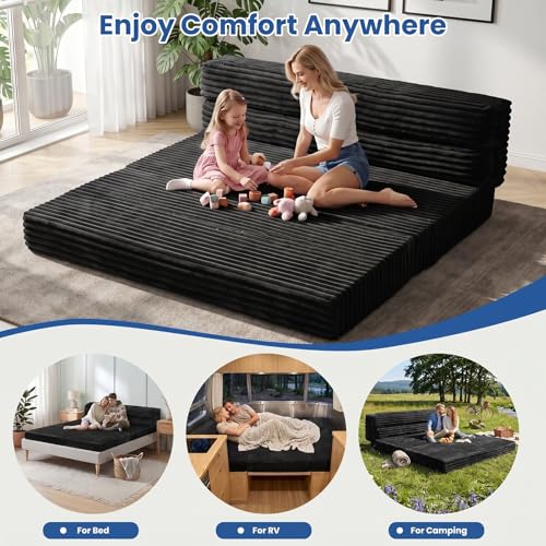 Image of Erament Tri-Fold Futon Sofa Bed, 6 Inch Foldable Floor Couch, High-Density Foam Convertible Sleeper Sofa with Removable Washable Corduroy Cover, Portable Floor Mattress for Living Room