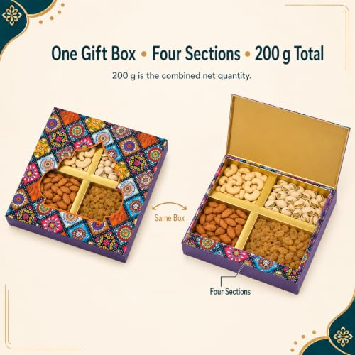 Image of Leeve Birthday Dry Fruit and Nut Gift Hamper with Cashews, Almonds, Salted Pistachios and Golden Raisins | 4-Section Decorative Box for Men, Women, Friends and Family | 200 g X 3
