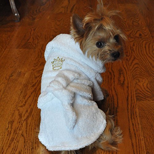 Doggie Design White Cotton Turkish Terrycloth Cotton Dog Bathrobe with Embroidered Gold Crown