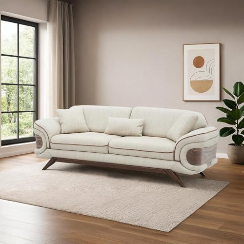 Image of Royaloak Lisbon 3 Seater Sofa | Super Soft Dual Color Fabric Upholstery | Tapered Wooden Legs | High Resilience Foam | Tufting Design Backrest | Lumbar Support
