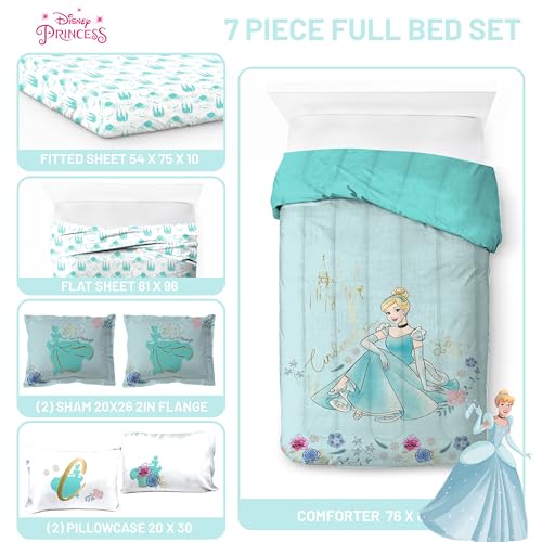 Image of Disney Princess Full Size Comforter Set 7 Piece Kids Bedding, Blue | Cinderella, Bed in a Bag, Comforter Sheets Shams Pillowcases, Official Product, Soft Microfiber, Machine Washable, Girls Gift